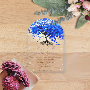 Invitaciones Acrílicas Boda del árbol de hoja de corazón azul de cuento d