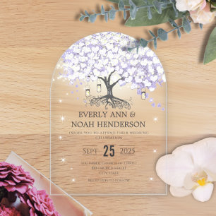 Invitaciones Acrílicas Boda del Árbol de Hoja de Corazón de Lila de Cuent