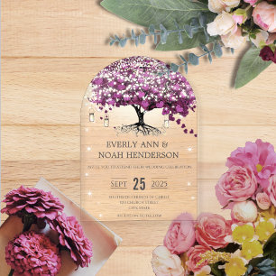 Invitaciones Acrílicas Boda del Árbol de Hoja de Corazón Purpura de Cuent