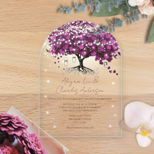 Invitaciones Acrílicas Boda del Árbol de Hoja de Corazón Purpura de Cuent