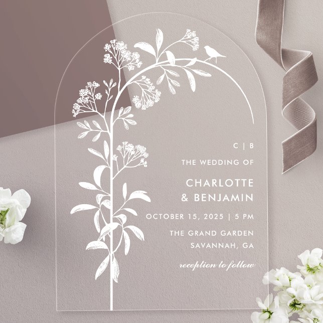 Invitaciones Acrílicas Boda del Arco Botánico de Ave Blanca Moderna (Subido por el creador)