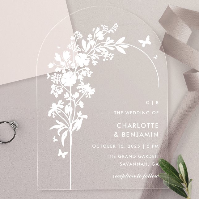 Invitaciones Acrílicas Boda del Arco de Mariposa Botánica Blanco Moderno (Subido por el creador)