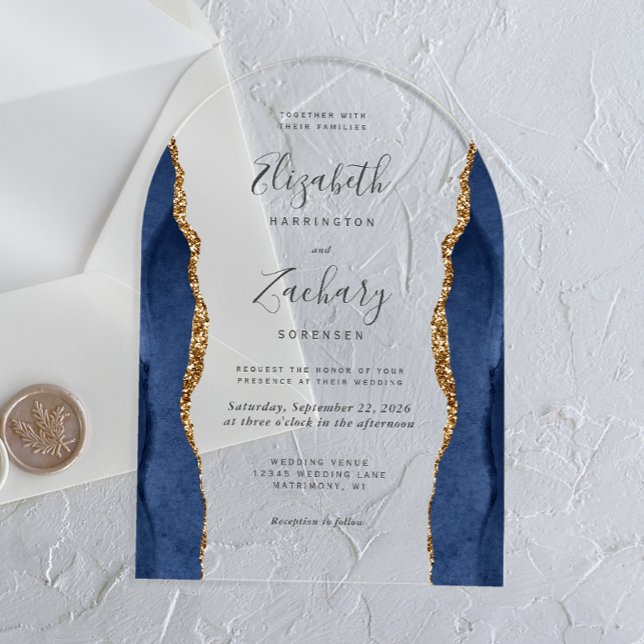 Invitaciones Acrílicas Boda del Arco del Oro Azul de la Marina Moderna (Subido por el creador)