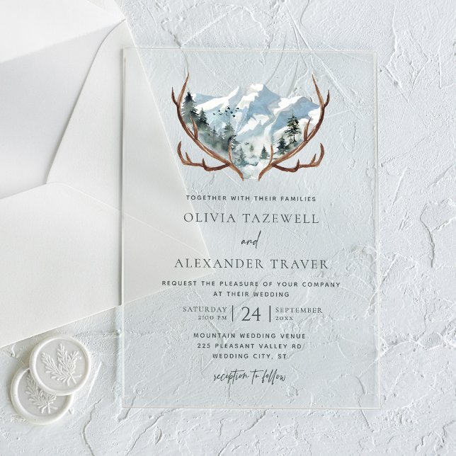 Invitaciones Acrílicas Boda del Boho Rustic Antlers Mountain (Subido por el creador)
