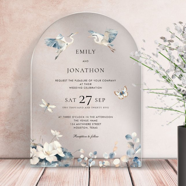 Invitaciones Acrílicas Boda del follaje aéreo de Blue Herons (Subido por el creador)