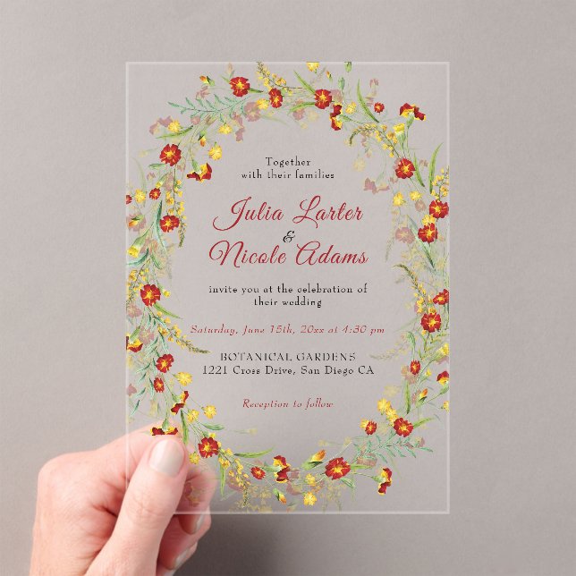 Invitaciones Acrílicas Boda del follaje marino amarillo anaranjado (Insitu (portátil))
