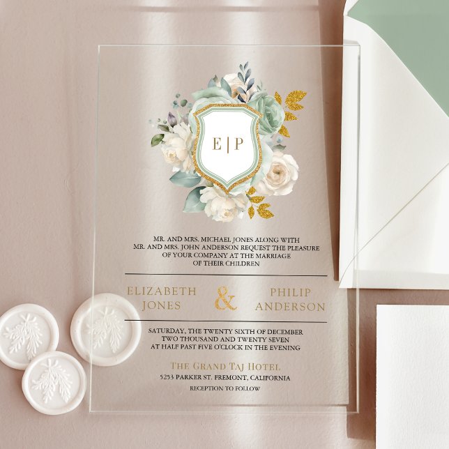 Invitaciones Acrílicas Boda del Monograma de Marfil Verde Sage Floral (Subido por el creador)