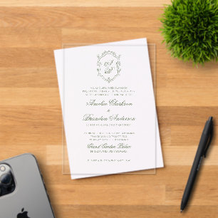 Invitaciones Acrílicas Boda del Monograma Verde Masaje Botánico Escudo