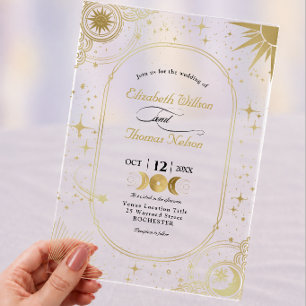 Invitaciones Acrílicas Boda del Sol y la Luna de Oro Falso Celestial