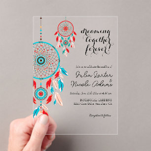 Invitaciones Acrílicas Boda Dreamcatcher de la pluma Tribal Boho