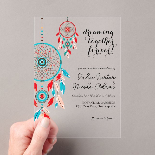 Invitaciones Acrílicas Boda Dreamcatcher de la pluma Tribal Boho (Insitu (portátil))