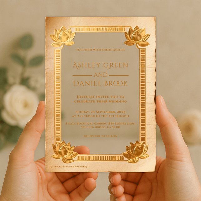 Invitaciones Acrílicas Boda egipcio Papyrus Royal Gold Lotus (Subido por el creador)