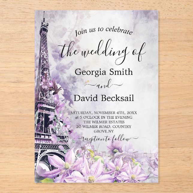 Invitaciones Acrílicas Boda Eiffel Tower Lavender Romance (Anverso)