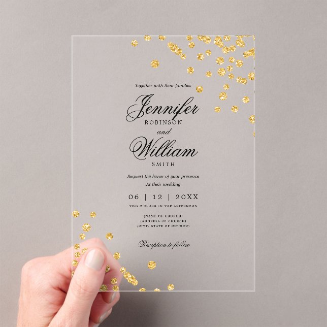 Invitaciones Acrílicas Boda Elegant Romanic Script Gold Confetti (Insitu (portátil))