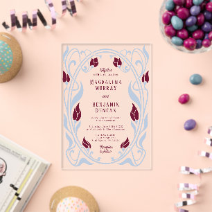 Invitaciones Acrílicas Boda elegante Art Nouveau de Borgoña y azul polvo