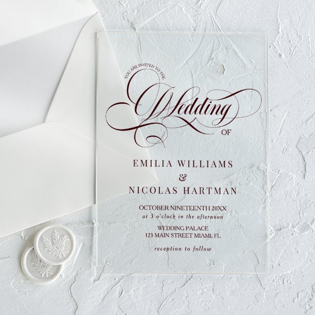 Invitaciones Acrílicas Boda elegante barroca de Borgoña (Subido por el creador)