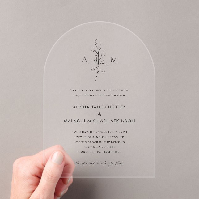 Invitaciones Acrílicas Boda elegante botánica blanca y negra limpia (Insitu (portátil))