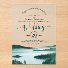 Invitaciones Acrílicas Boda Elegante Caligrafía Lago Montañoso Pacífico