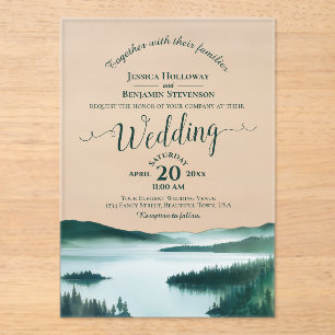 Invitaciones Acrílicas Boda Elegante Caligrafía Lago Montañoso Pacífico