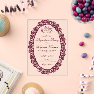 Invitaciones Acrílicas Boda elegante cisne de Borgoña encaje marfil victo
