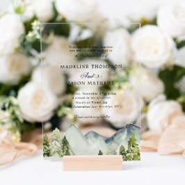 Invitaciones Acrílicas Boda elegante clásica de acuarela de bosque de mon