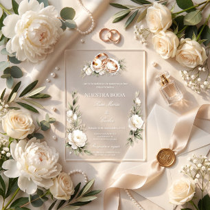 Invitaciones Acrílicas Boda Elegante con Anillos Dorados y Flores Blancas