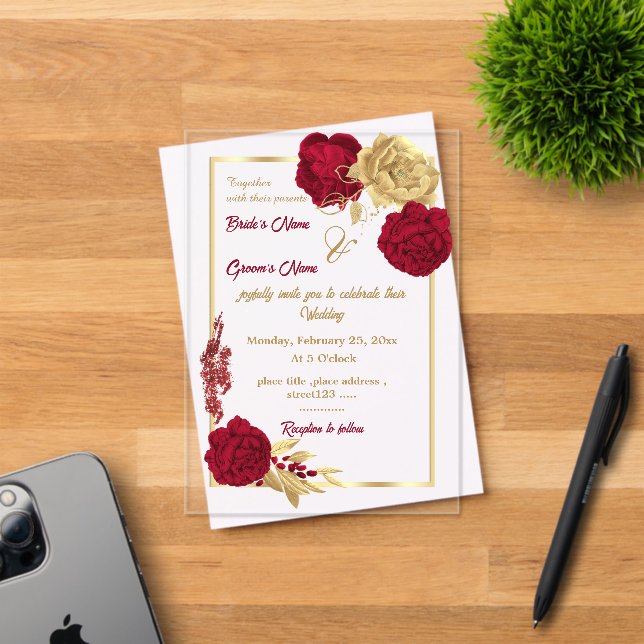 Invitaciones Acrílicas boda elegante con flores de oro y burdeos (Insitu (Tarjeta de Invitación))