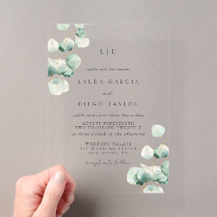Invitaciones Acrílicas Boda elegante con monograma de eucalipto