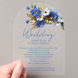 Invitaciones Acrílicas Boda elegante cornflower azul blanco dorado