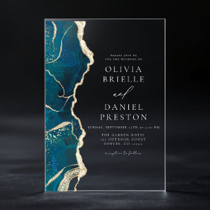 Invitaciones Acrílicas Boda elegante de ágata turquesa azul dorado