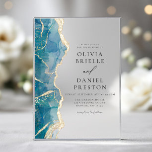 Invitaciones Acrílicas Boda elegante de ágata turquesa azul dorado Teal