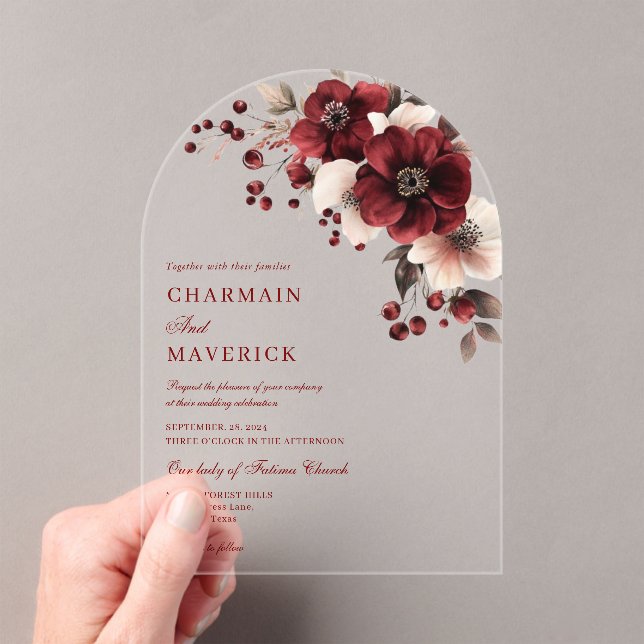 Invitaciones Acrílicas Boda elegante de arcos burdeos y floridos (Insitu (portátil))