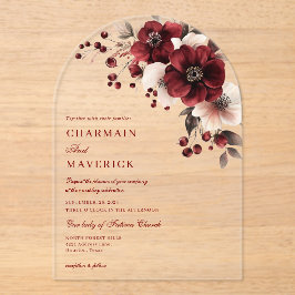 Invitaciones Acrílicas Boda elegante de arcos burdeos y floridos