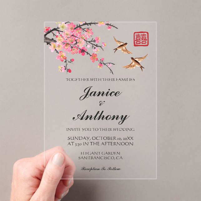 Invitaciones Acrílicas Boda elegante de aves florales chinas (Insitu (portátil))