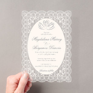 Invitaciones Acrílicas Boda Elegante de Cisnes de Encaje Crema Marfil Vin