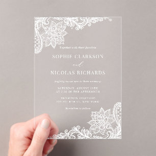 Invitaciones Acrílicas Boda elegante de encaje antiguo Ornato Blanco