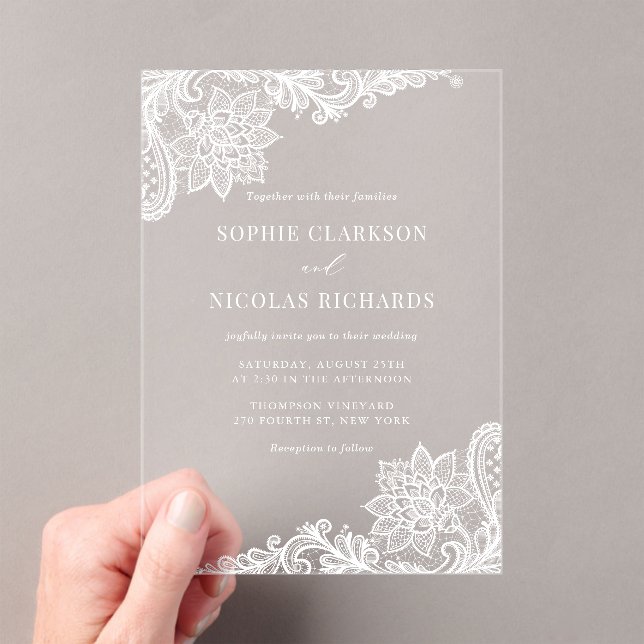 Invitaciones Acrílicas Boda elegante de encaje antiguo Ornato Blanco (Insitu (portátil))