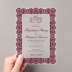 Invitaciones Acrílicas Boda Elegante de Encaje Vintage con Cisnes Burgund