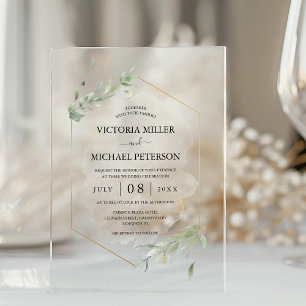 Invitaciones Acrílicas Boda elegante de greenery dorado con follaje de ac