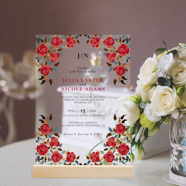 Invitaciones Acrílicas Boda elegante de la flor rosa roja dorada (Subido por el creador)