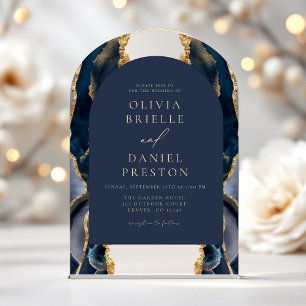 Invitaciones Acrílicas Boda elegante de la Marina Azul Oro Agate