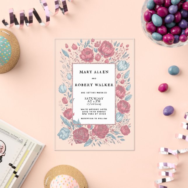Invitaciones Acrílicas Boda elegante de marco floral azul claro rosa malv (Insitu (Celebración))