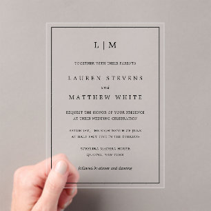 Invitaciones Acrílicas Boda elegante de monograma blanco y negro Lauren