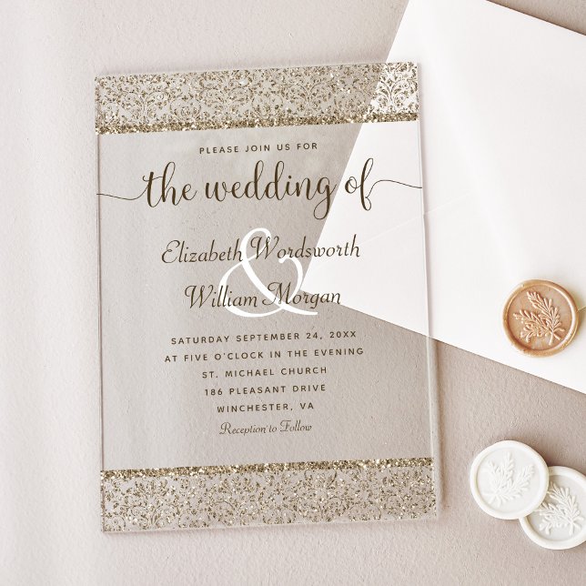Invitaciones Acrílicas Boda elegante del Purpurina del damasco de Champag (Subido por el creador)
