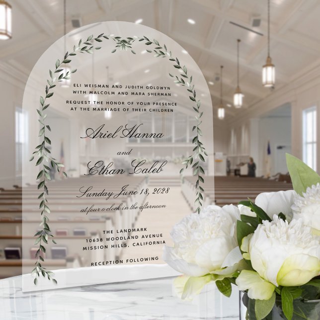 Invitaciones Acrílicas Boda Elegante en el arco de la hoja de Laurel (Acrylic Green Laurel Leaf Wedding Invite)