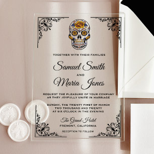 Invitaciones Acrílicas Boda Elegante Floral Cráneo de Azúcar
