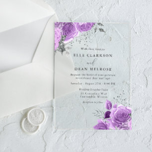 Invitaciones Acrílicas Boda elegante floral lavanda púrpura y plata