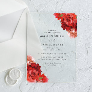 Invitaciones Acrílicas Boda elegante floral roja y rosa