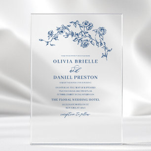 Invitaciones Acrílicas Boda elegante floral victoriana francesa azul mari