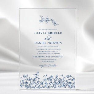 Invitaciones Acrílicas Boda elegante floral victoriana francesa azul mari